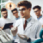 Dentist in a white coat holds a dental tool, with three assistants in the background. They're in a clinic with a dental chair and light.