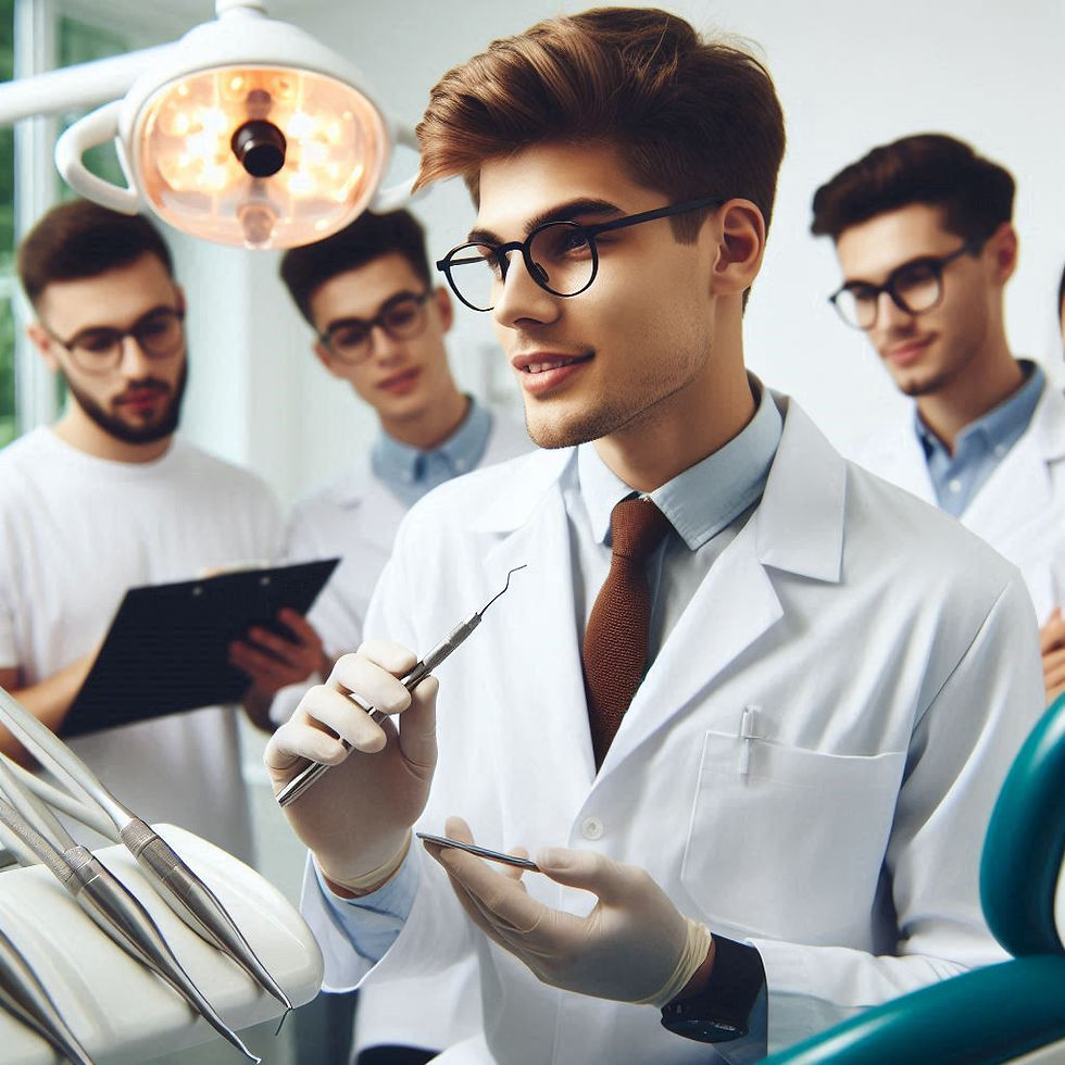 Dentist in a white coat holds a dental tool, with three assistants in the background. They're in a clinic with a dental chair and light.