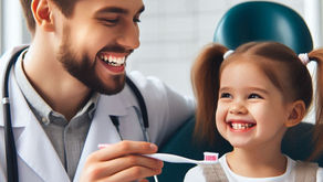 Dentist smiling at a cheerful girl while showing a toothbrush in a dental clinic. The girl is sitting on a green chair, creating a happy mood.