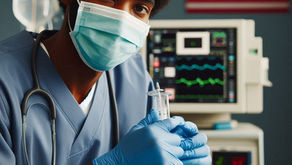 Medical professionals in scrubs and masks adjust IV lines in a hospital room with equipment. U.S. flag in background adds a patriotic touch.