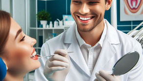 Dentist in white coat smiles while examining a patient's teeth with tools. Blue dental office backdrop featuring a tooth diagram.