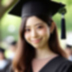 Woman in graduation cap smiles outdoors, wearing a black gown. Blurred green background suggests a joyful graduation ceremony.