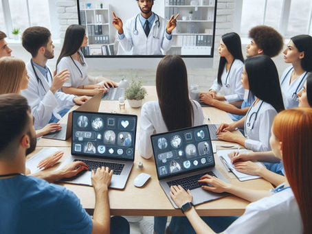 Medical professionals in white coats watch an online lecture on a screen. Laptops show medical images. Bright room with large windows.