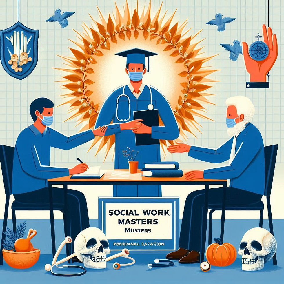 Three masked figures, one in a graduation cap, exchange a diploma in a bright setting with a "Social Work Masters" sign, surrounded by symbols.