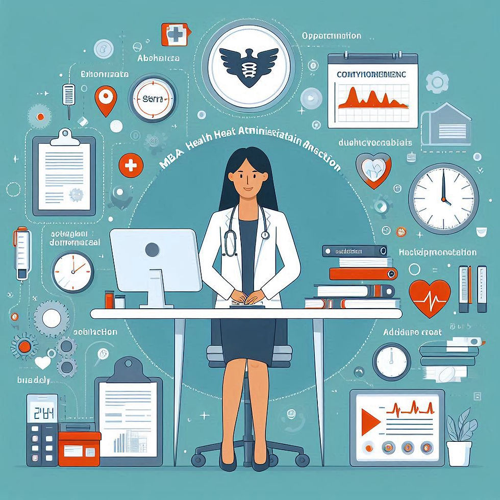 Doctor in a white coat sits at a desk with medical icons and charts on a blue background, conveying a healthcare theme.