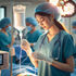 A nurse in scrubs and surgical cap adjusts an IV. She is focused, in a brightly lit operating room with medical team in the background.