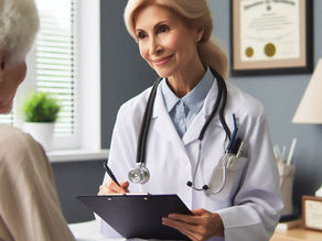Doctor in white coat with stethoscope smiles, taking notes on clipboard. Elderly patient listens. Diploma on wall, plant by window. Calm mood.
