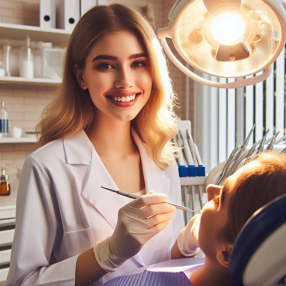 Dentist in white coat smiles while holding dental instrument. Patient reclines in chair. Well-lit clinic with instruments in background.