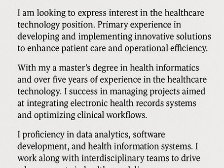 Cover Letter for Job, Health Care Technology