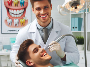 A dentist in a white coat smiles while examining a patient in a clinic. A colorful "Healthy Teeth" poster and dental light are visible.