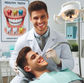 A dentist in a white coat smiles while examining a patient in a clinic. A colorful "Healthy Teeth" poster and dental light are visible.