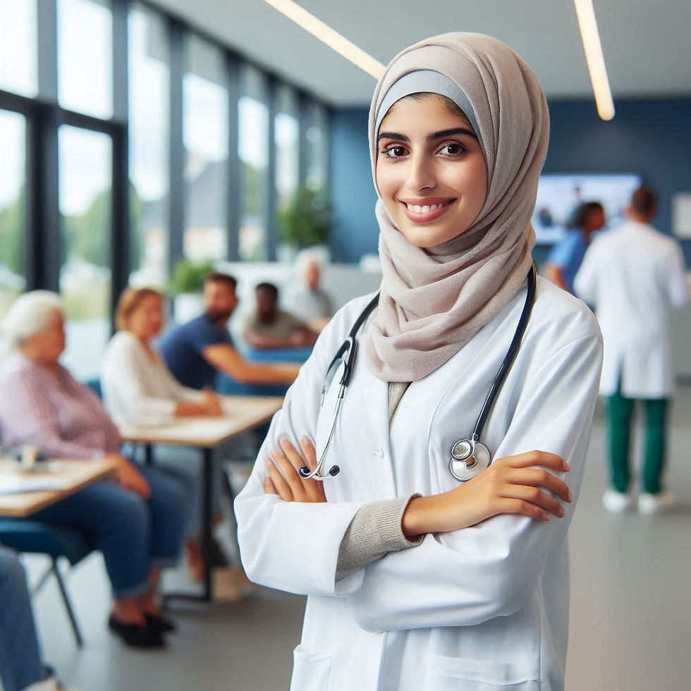 Young female doctor in a hijab smiles in a bright clinic. Background shows patients and staff, creating a welcoming, professional mood.