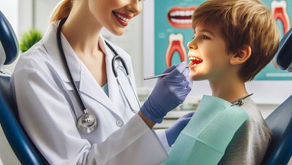 Dentist examines patient's teeth with tools. Patient reflected in mirror. Cheerful tooth poster in the background. Clinical setting.