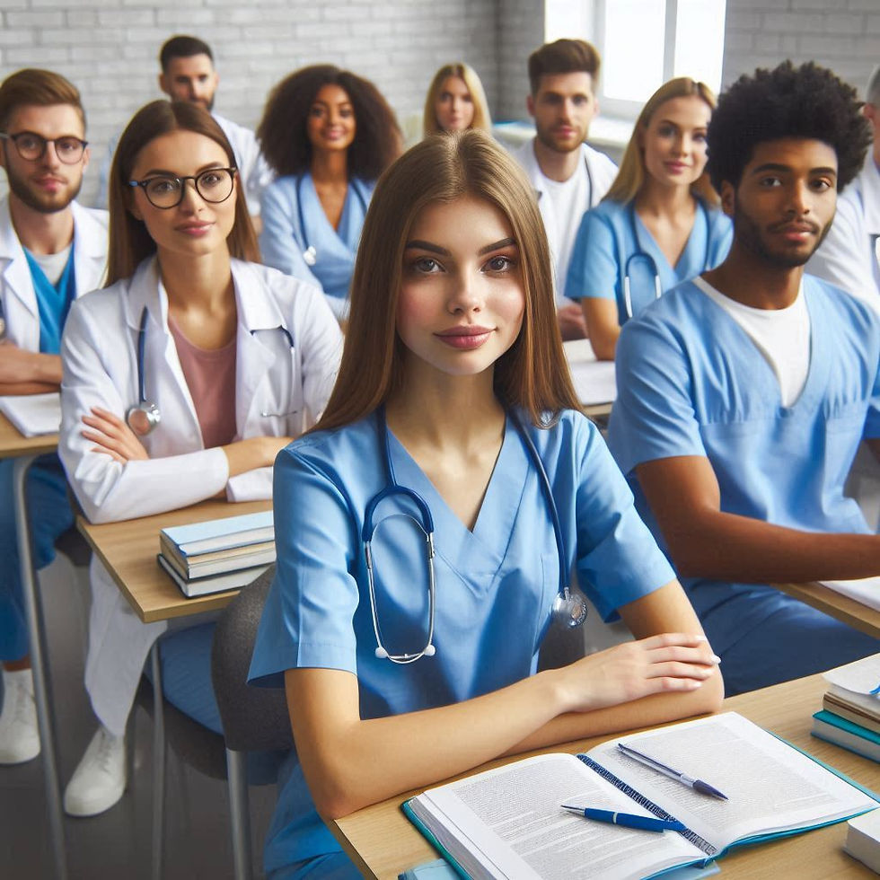 Medical students in blue scrubs and white coats sit attentively in a classroom with books. Bright room, focused expressions.