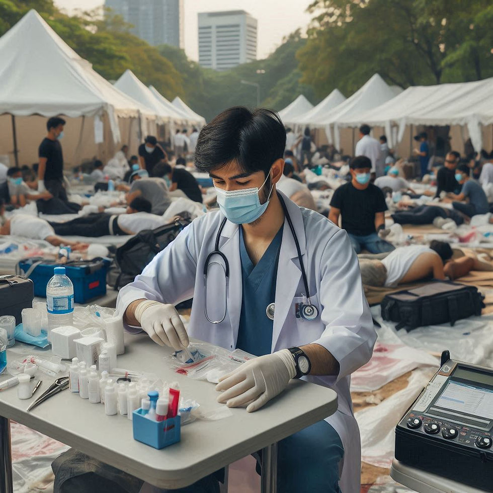 A doctor in a white coat and mask organizes medical supplies at a table in an outdoor medical camp with white tents and busy staff.