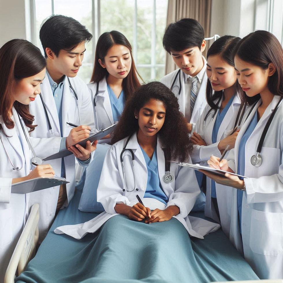 Doctors in white coats gather around a patient in a hospital bed, taking notes. The setting is calm with natural light streaming in.