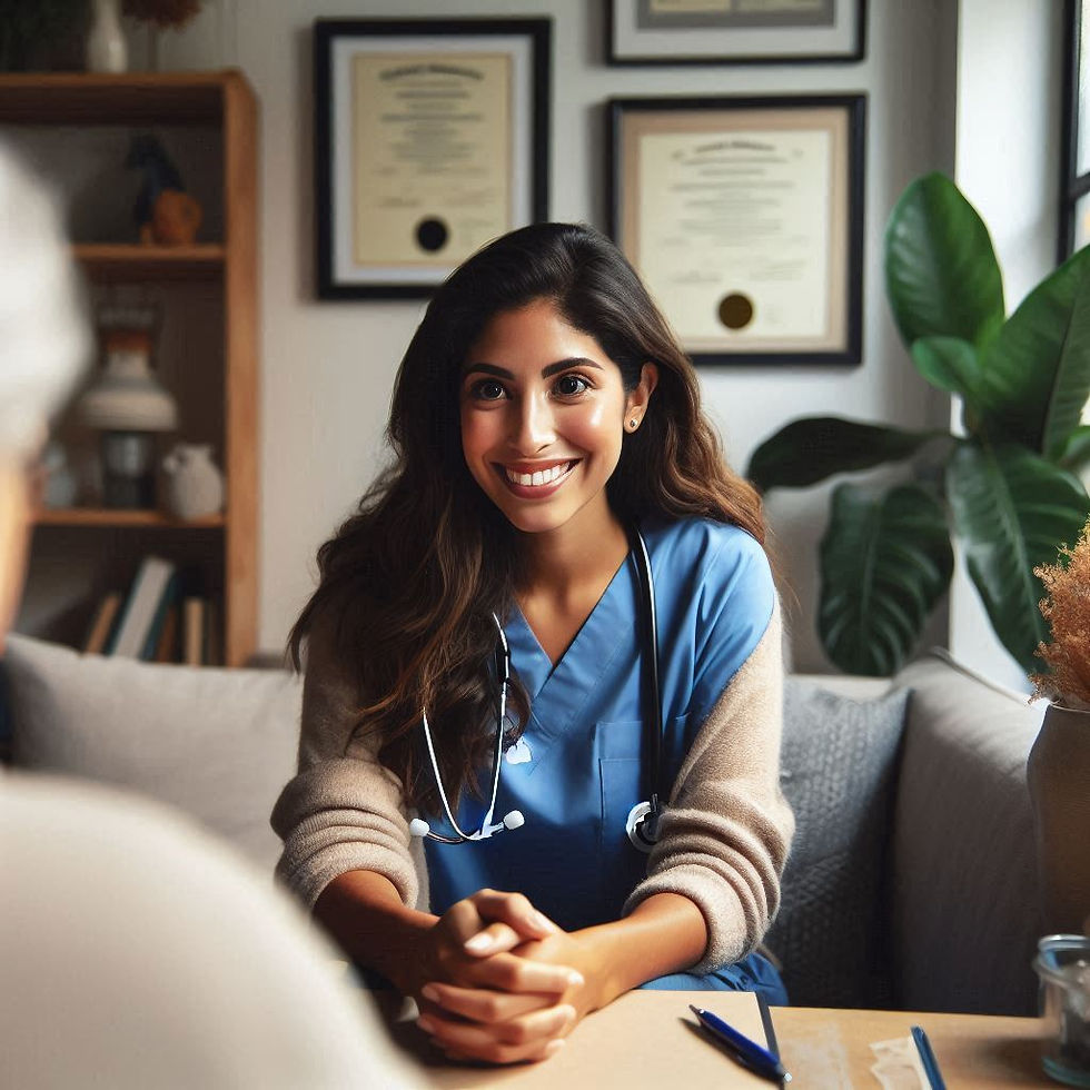 Smiling woman in blue scrubs with stethoscope, seated at a desk in an office. Certificates on wall, plant nearby. Calm, professional mood.