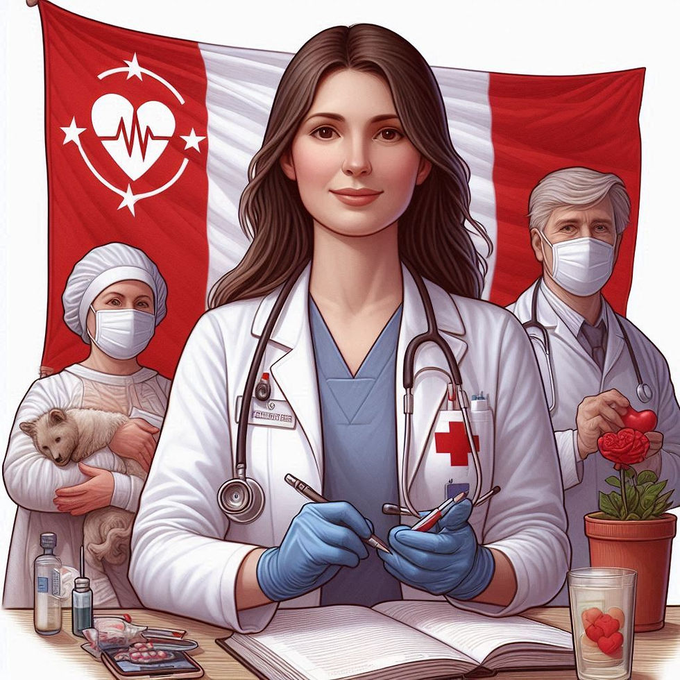Doctors in white coats and masks stand before a red and white flag. One holds a flower, another a puppy. Medical tools and a notebook on a table.