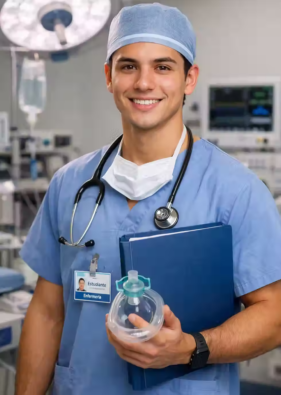 Two medical professionals smiling. A woman in a blue uniform holds a medical bag with a white cross; a man in green scrubs holds a green bag.