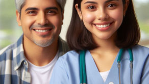 Smiling woman in blue scrubs with stethoscope and ID badge. Man in plaid shirt stands beside her. Bright, neutral background.