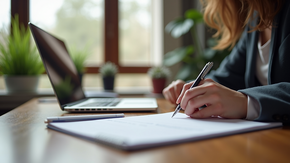 Eye-level view of a desk with a laptop and notebook open for writing