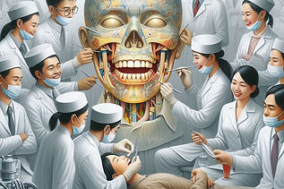 surreal artistic representation of Vietnamese origin student applicants to dentistry wearing white uniforms and hats