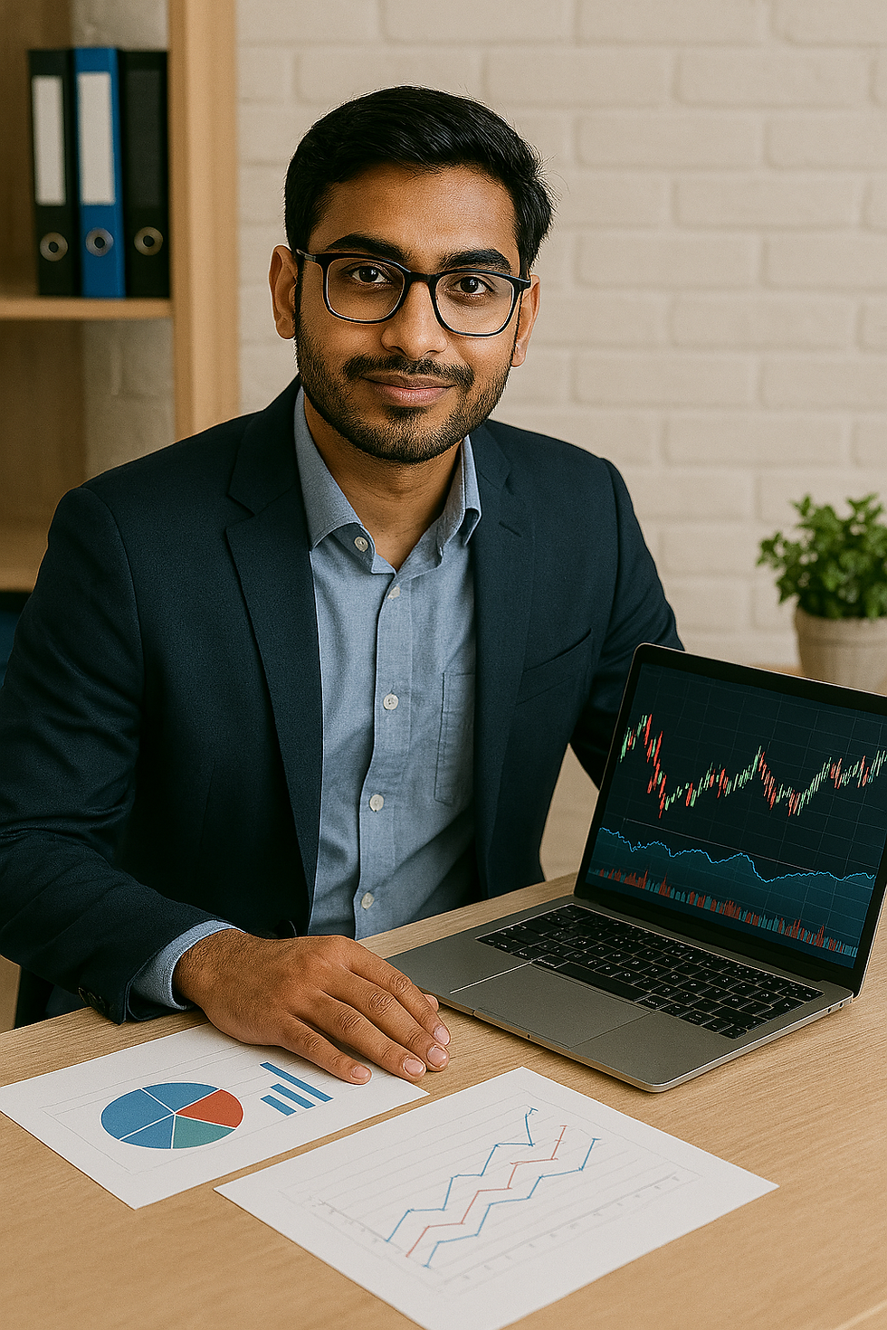 Businessman in a suit studies stock charts on a monitor in a modern office with large window views of skyscrapers. Thoughtful expression.