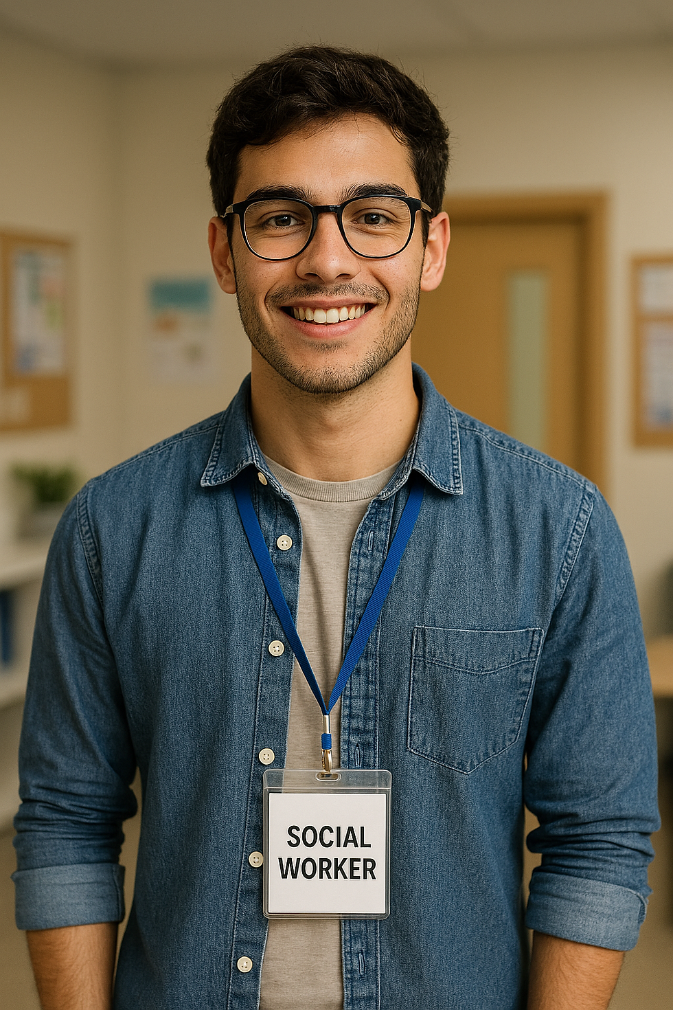 Smiling man in glasses with a "Social Worker" badge, wearing a denim shirt. Indoor office setting with bulletin boards in the background.