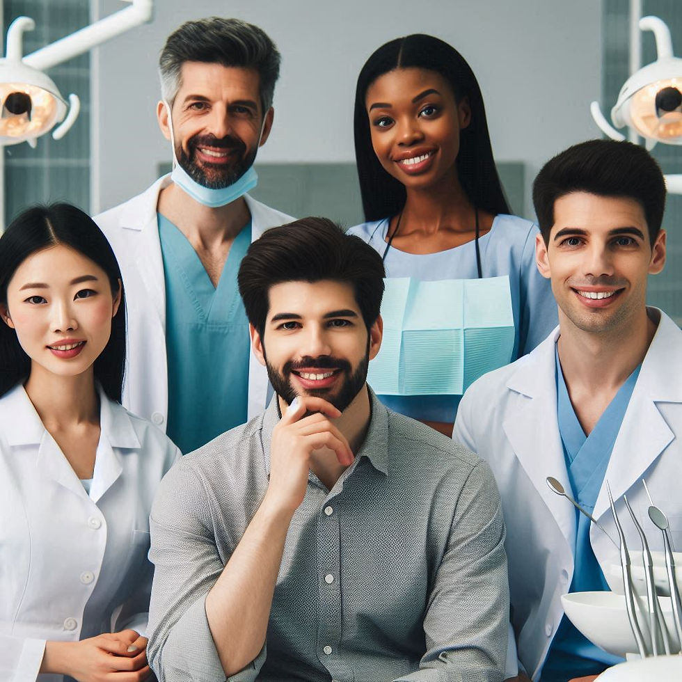 Five smiling dental professionals pose together in a clinic. They wear lab coats and scrubs, creating a friendly and welcoming atmosphere.