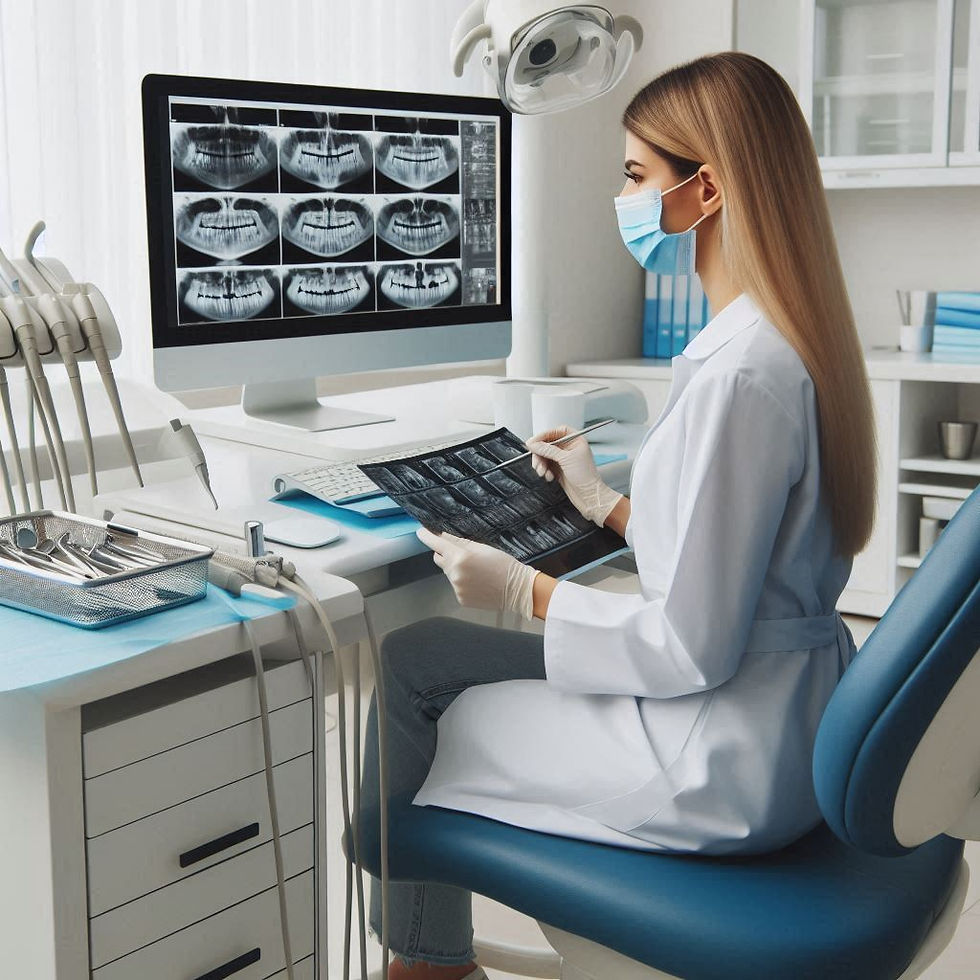 Dentist in mask and gloves examining dental X-rays on a computer in a bright office. Dental tools are organized on the desk.