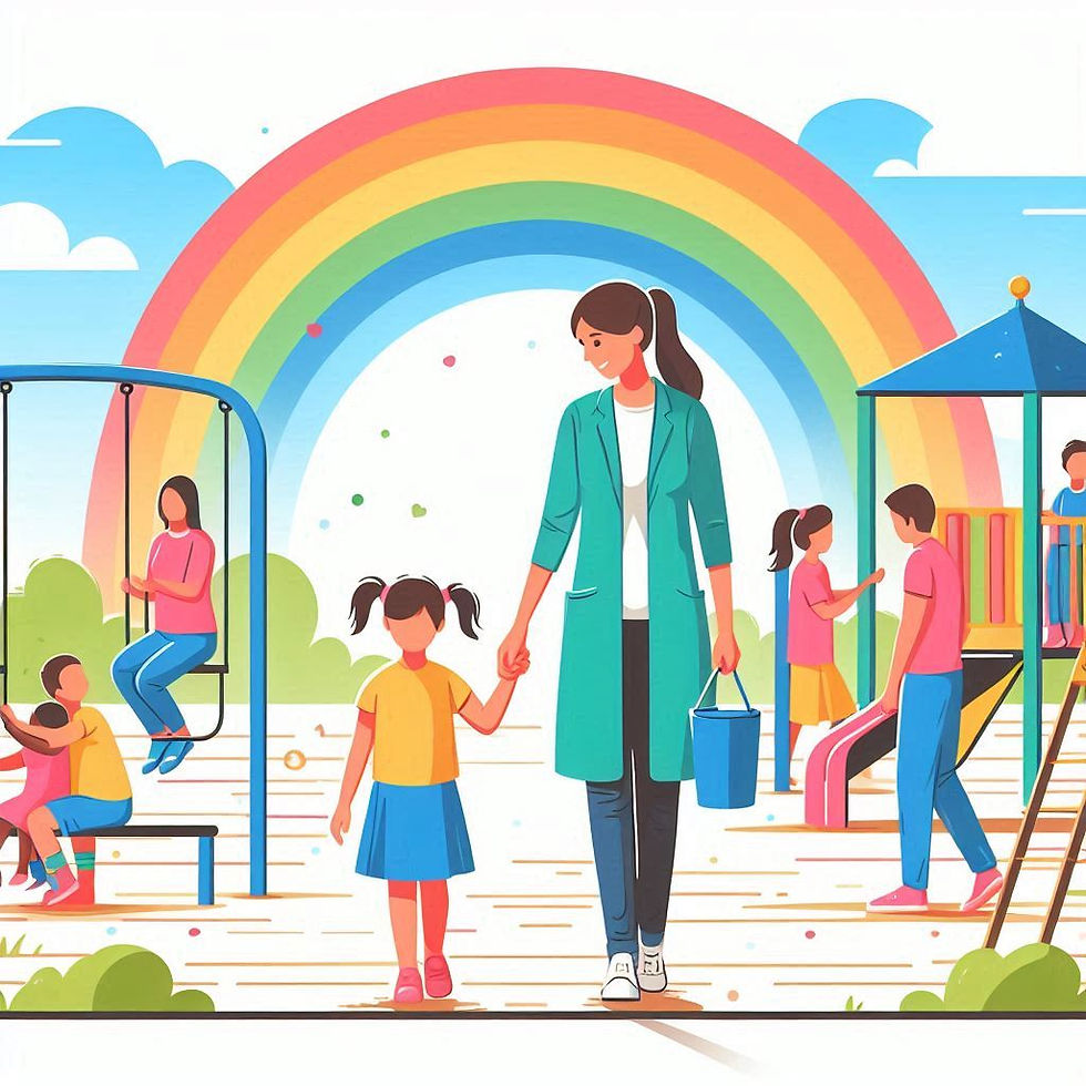 Woman and child holding hands in colorful playground with rainbow, swings, slide, and other children. Bright and cheerful scene.