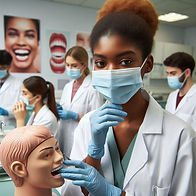 Dental students wearing masks and gloves practice on mannequins in a clinic. Posters of smiling mouths adorn the walls.