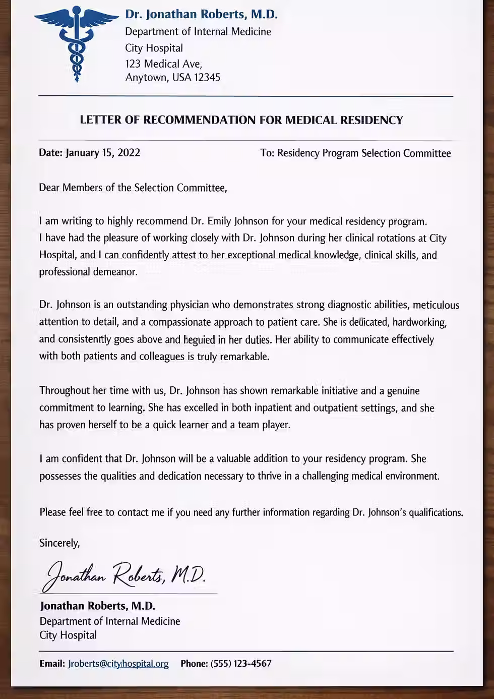 Sample LOR, Letter of Recommendation Residency