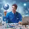 Smiling doctor in blue scrubs touches a holographic globe. Medical symbols surround him. Background is futuristic with blue tech displays.