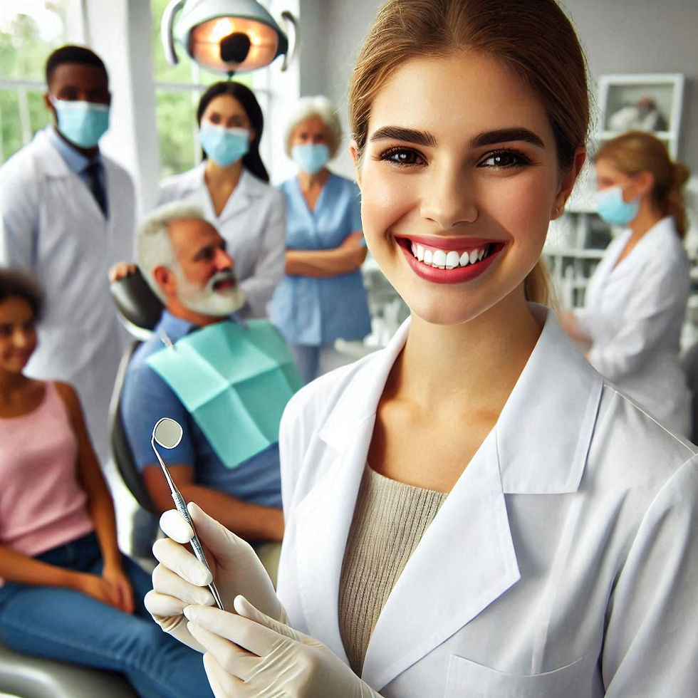 Smiling dentist holds a tool in a bright clinic. Team in masks behind, patient in chair. The mood is professional and welcoming.