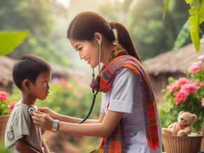 Doctor with colorful scarf using a stethoscope on a child in a rural setting. Teddy bear and flowers in background; warm, caring mood.