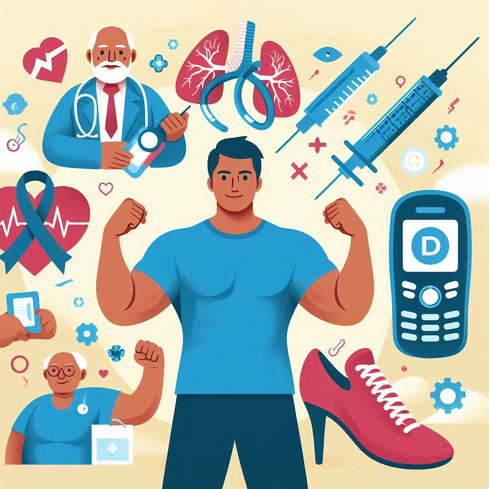 A strong man in blue flexes muscles, surrounded by medical icons: doctor, lungs, syringe, heart, and D meter. Health and strength theme.