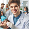 Dentist smiling while treating a patient with dental tools. Three assistants in masks are in the bright, modern clinic background.
