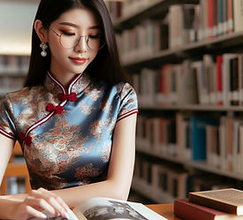 Asian woman studying in the library in a silk dress