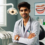 Smiling dentist in a white coat with a stethoscope, seated in a bright dental clinic. Dental chair and a tooth poster in the background.