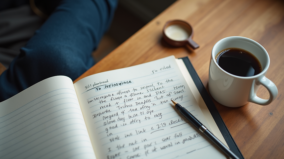 High angle view of a notebook with handwritten notes and a cup of coffee