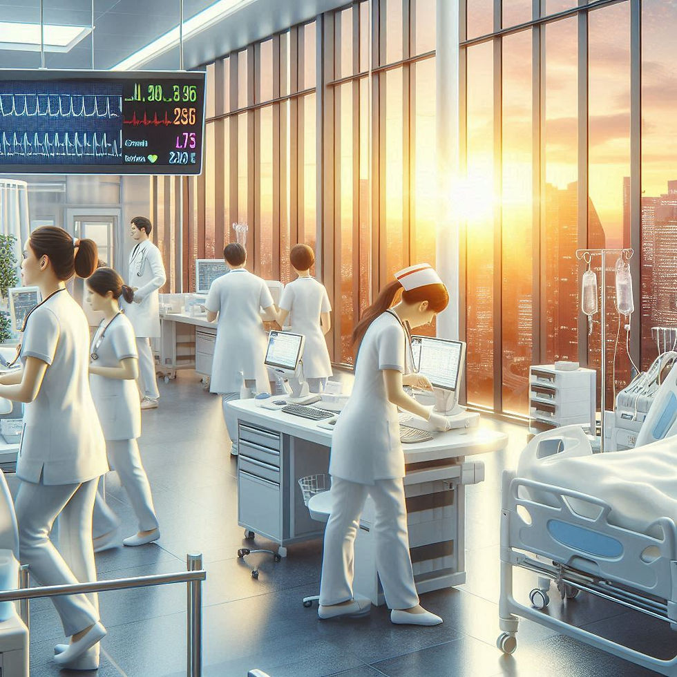 Healthcare professionals in a modern hospital ward work on computers, with medical equipment nearby. A sunset casts a warm glow through large windows.