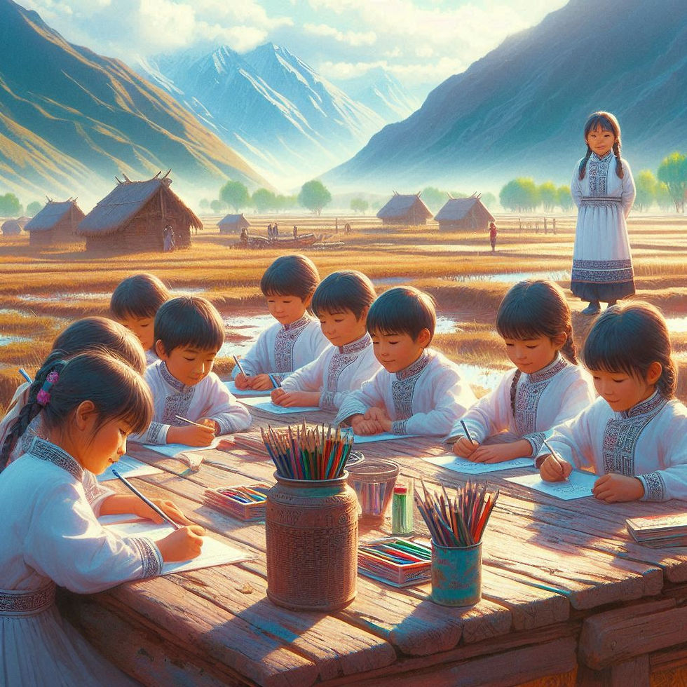 Children in white clothing draw at a wooden table outdoors. A girl stands nearby. Huts and mountains in the background, creating a serene mood.