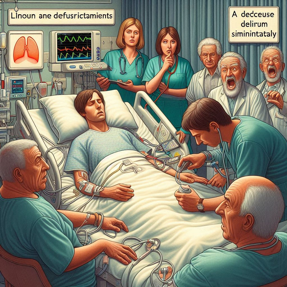 Medical team around a patient in a hospital bed, with monitors and medical equipment. Text on walls. Concerned expressions.