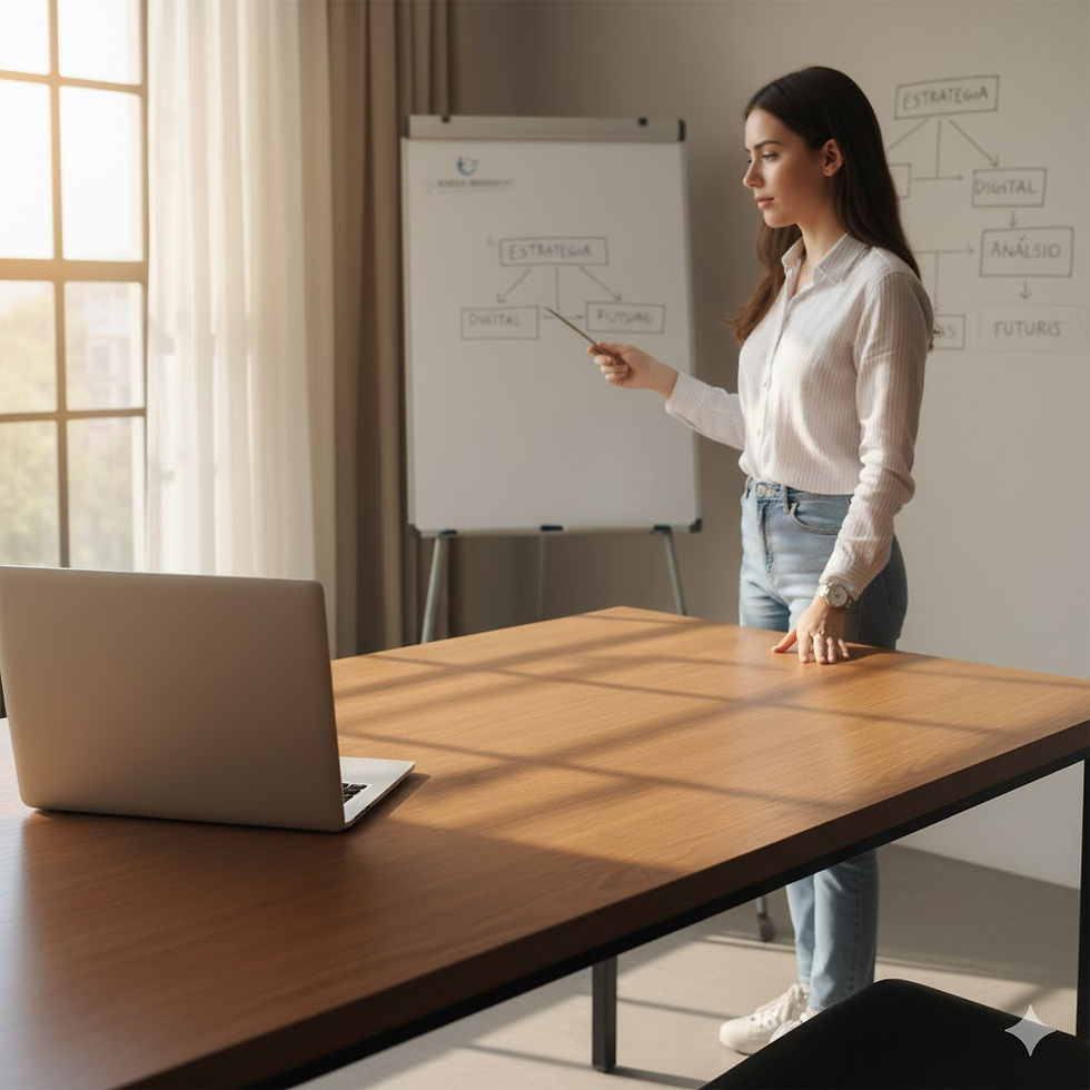 Woman in a white shirt points at a flowchart on a whiteboard in a sunlit office. Laptop on wooden table. Calm, focused atmosphere.