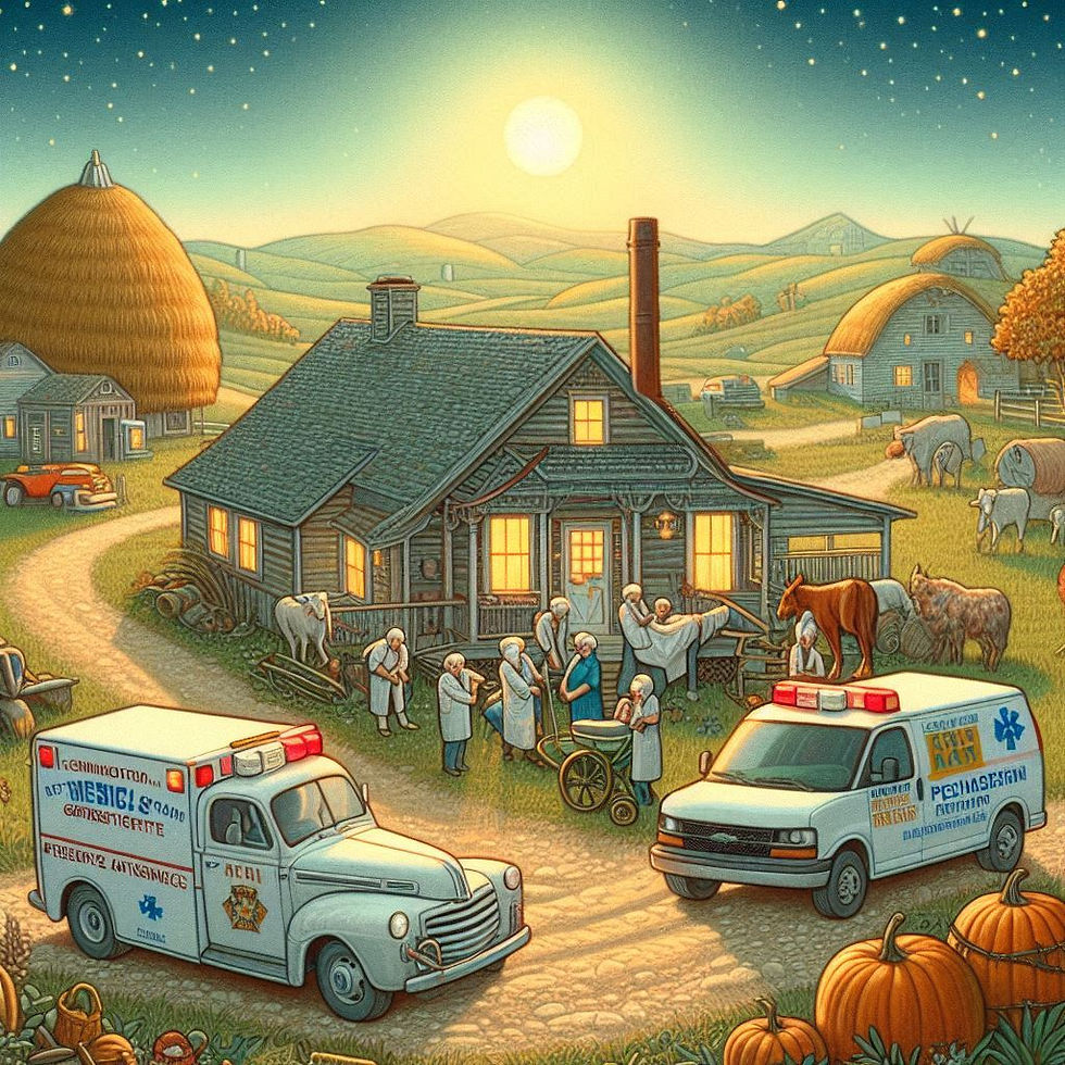 Ambulances at a farmhouse at night with a glowing moon. Elderly people in white attire outside, a horse nearby, surrounded by fields.