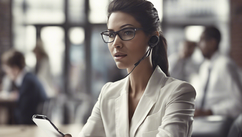 Businesswoman in white suit with headset, holding phone in modern office. Blurred colleagues in background, creating a focused mood.