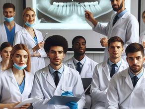 A group of dentists in white coats, some with masks, sits in a classroom. One points at a dental X-ray on a screen. Serious mood.