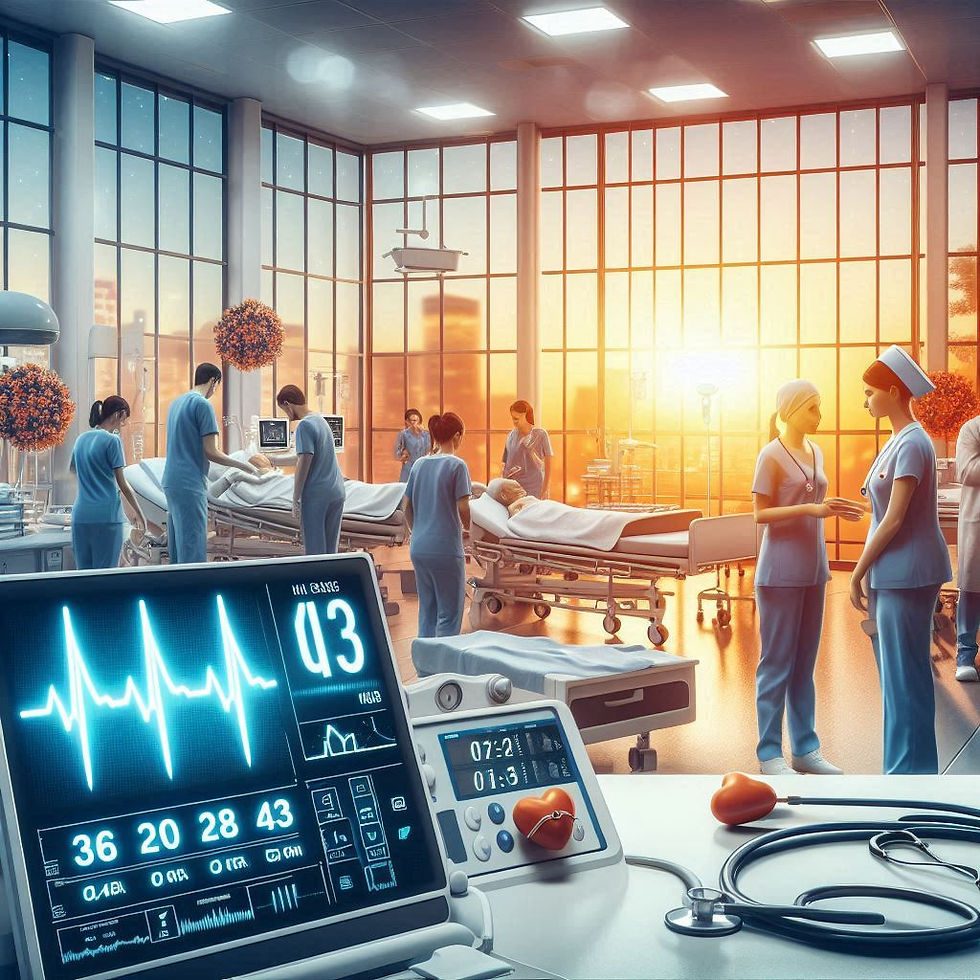 Doctors and nurses in a sunlit hospital room care for patients on beds. Heartbeat monitor shows vitals. Calm mood with warm colors.