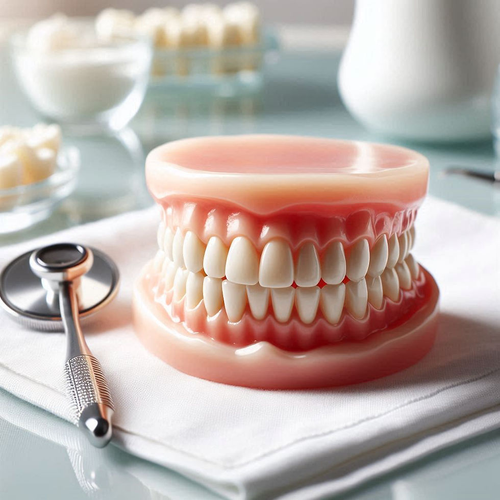 Dental model with gums and teeth on a white cloth, next to a stethoscope. Background includes dental tools in a bright setting.